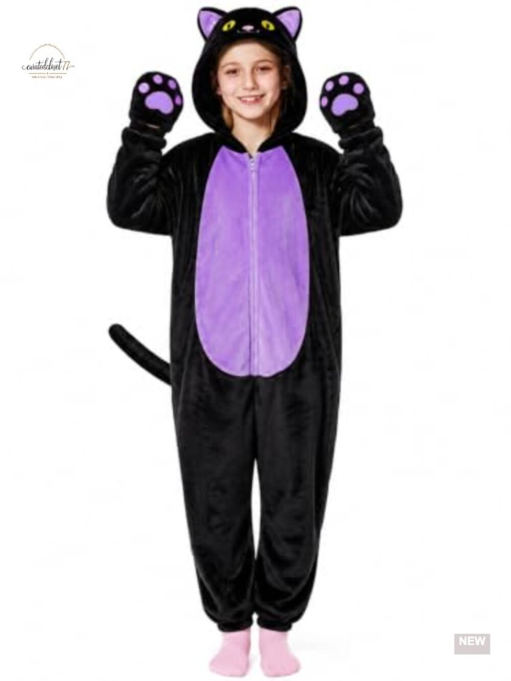 Kids Black Leopard Cat Costume Plush Hooded Jumpsuit Halloween Cosplay